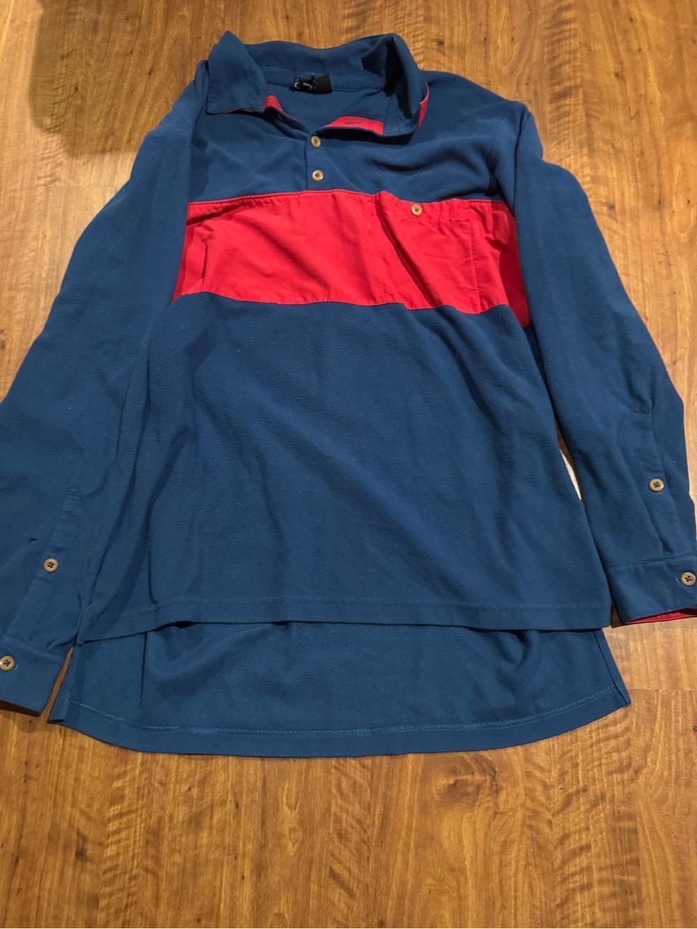 Patagonia Blue Long-Sleeve Button Down Shirt with Red Chest Panel